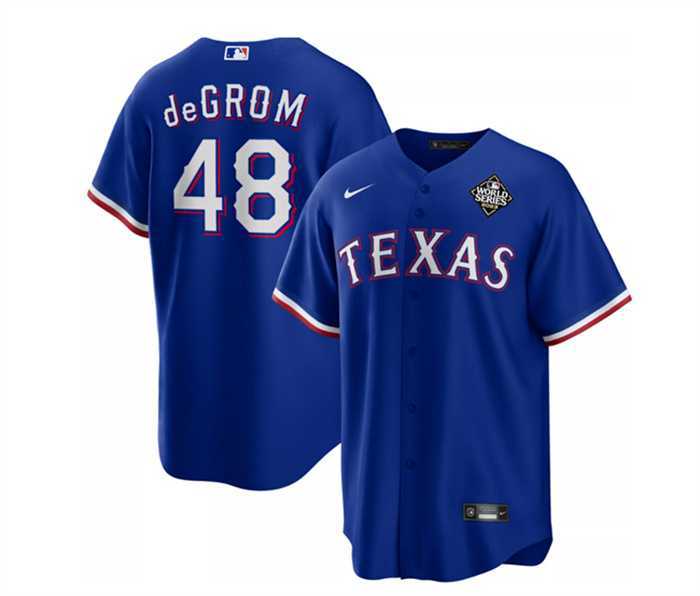 Mens Texas Rangers #48 Jacob DeGrom Royal 2023 World Series Cool Base Stitched Baseball Jersey Dzhi